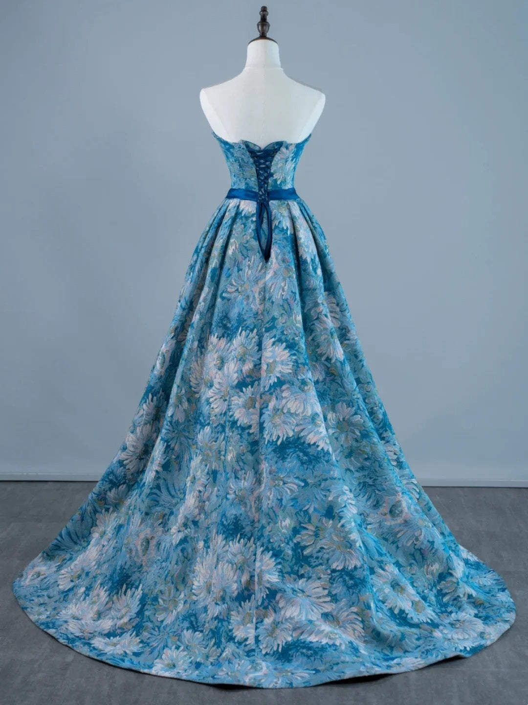 Sexy Ball Gown Strapless Sleeveless Blue Floral Satin Long Prom Dresses Evening Outfits Formal Dress N959