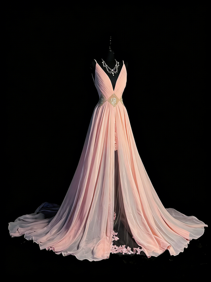 Princess A line Spaghetti Strap Blush Pink Chiffon Slit Long Prom Dresses Evening Outfits Formal Dress N965