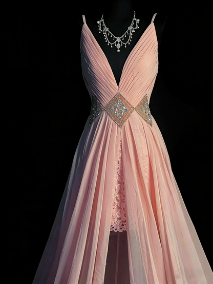 Princess A line Spaghetti Strap Blush Pink Chiffon Slit Long Prom Dresses Evening Outfits Formal Dress N965