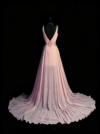 Princess A line Spaghetti Strap Blush Pink Chiffon Slit Long Prom Dresses Evening Outfits Formal Dress N965