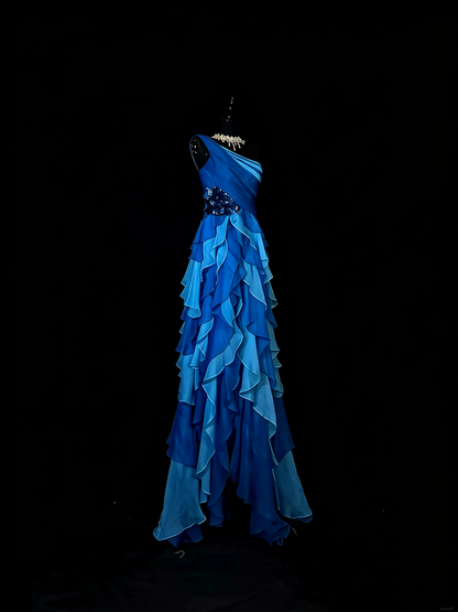 Unique A Line One Shoulder Chiffon Royal Blue 1950s With Layers Long Prom Dresses Party Dress 18th Birthday Outfits N967