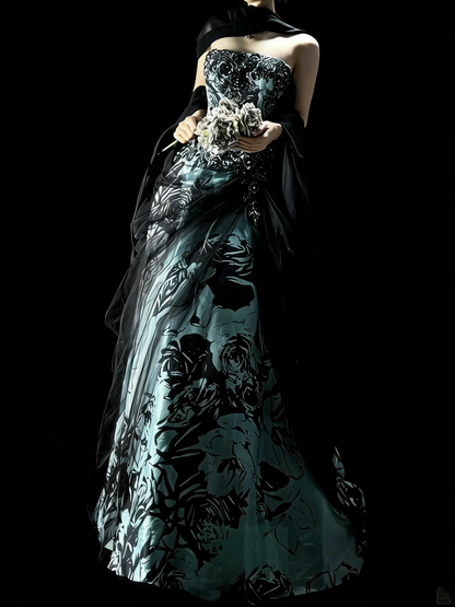 Retro Ball Gown Strapless Satin Floral With Cape Party Dresses Long Prom Dresses Impress Senior Formal Dance Dress N970
