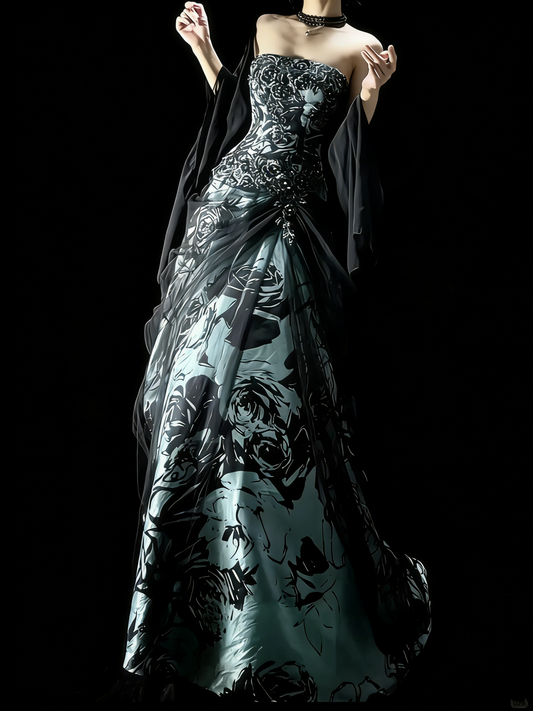 Retro Ball Gown Strapless Satin Floral With Cape Party Dresses Long Prom Dresses Impress Senior Formal Dance Dress N970