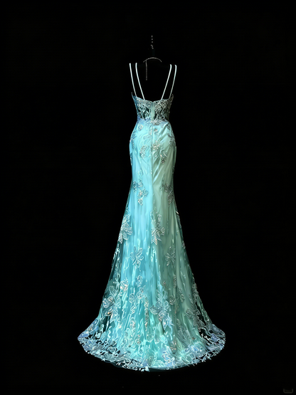 Unique Mermaid Spaghetti Straps Blue Lace Tulle 1950s Long Prom Dresses Party Dress 18th Birthday Outfits N976