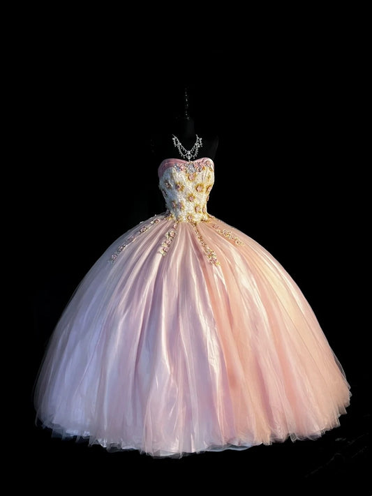 Cute Ball Gown Strapless Pink Sleeveless With Applique Tulle Long Quinceanera Dresses Sweet 15 16 Birthday Outfits N977