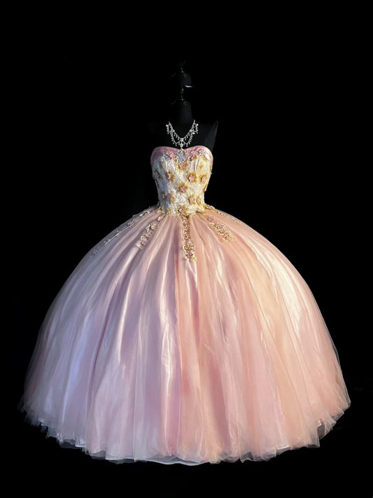 Cute Ball Gown Strapless Pink Sleeveless With Applique Tulle Long Quinceanera Dresses Sweet 15 16 Birthday Outfits N977