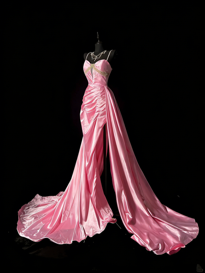 Unique Mermaid Spaghetti Straps Pink Satin Vintage 1950s Long Prom Dresses Party Dress 18th Birthday Outfits N978