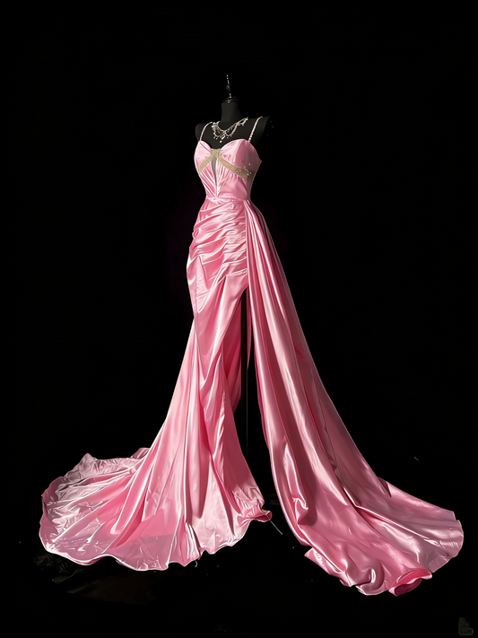 Unique Mermaid Spaghetti Straps Pink Satin Vintage 1950s Long Prom Dresses Party Dress 18th Birthday Outfits N978
