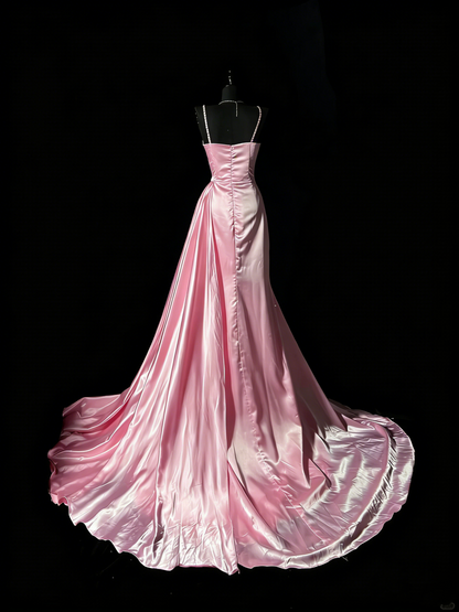 Unique Mermaid Spaghetti Straps Pink Satin Vintage 1950s Long Prom Dresses Party Dress 18th Birthday Outfits N978