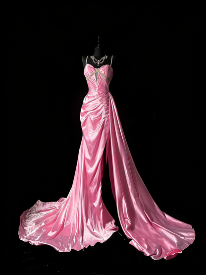 Unique Mermaid Spaghetti Straps Pink Satin Vintage 1950s Long Prom Dresses Party Dress 18th Birthday Outfits N978