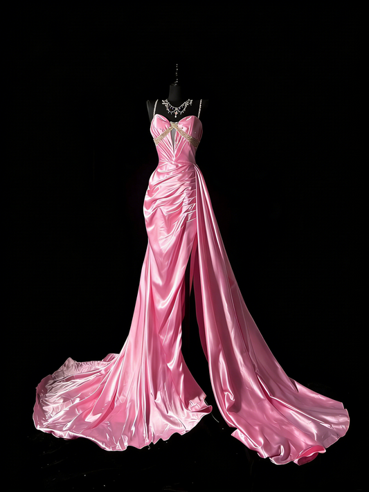 Unique Mermaid Spaghetti Straps Pink Satin Vintage 1950s Long Prom Dresses Party Dress 18th Birthday Outfits N978