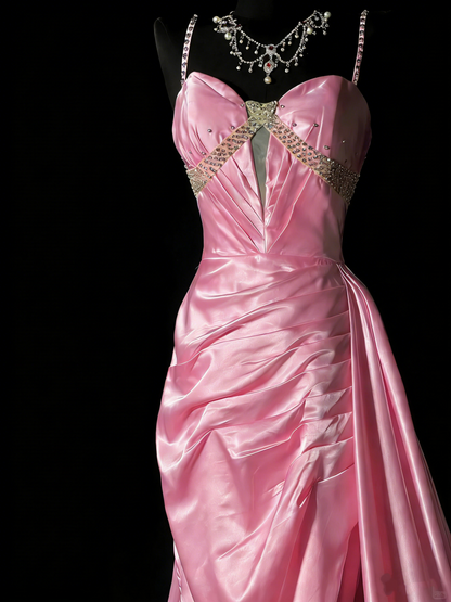 Unique Mermaid Spaghetti Straps Pink Satin Vintage 1950s Long Prom Dresses Party Dress 18th Birthday Outfits N978