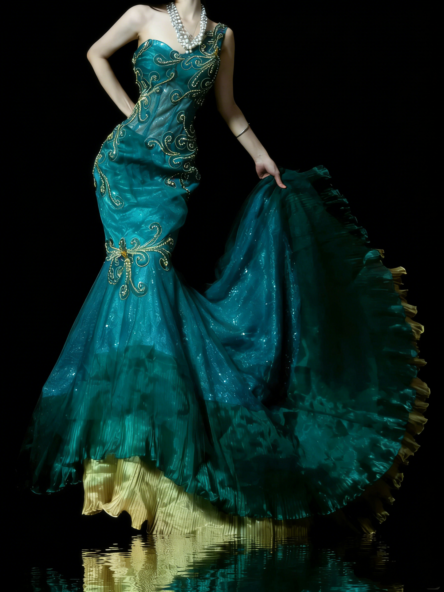 Princess Mermaid One Shoulder Gold Beaded Ruffles Long Prom Dresses Evening Outfits Formal Dress N979