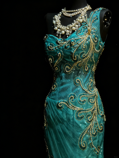 Princess Mermaid One Shoulder Gold Beaded Ruffles Long Prom Dresses Evening Outfits Formal Dress N979
