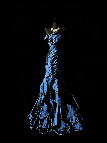 Retro Mermaid Strapless Navy Blue With Ruffles Party Dresses Long Prom Dresses Impress Senior Formal Dance Dress N980