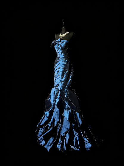 Retro Mermaid Strapless Navy Blue With Ruffles Party Dresses Long Prom Dresses Impress Senior Formal Dance Dress N980