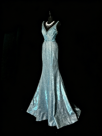 Stunning Mermaid V Neckline Blue Sequin Long Prom Dresses Evening Outfits Formal Dress N982