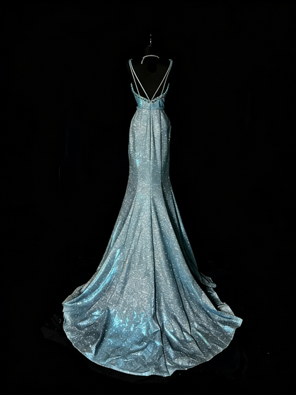 Stunning Mermaid V Neckline Blue Sequin Long Prom Dresses Evening Outfits Formal Dress N982