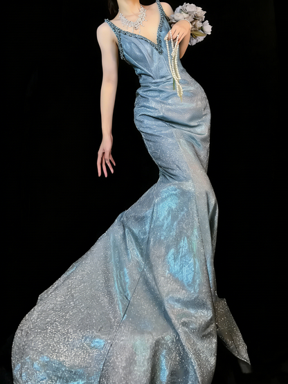 Stunning Mermaid V Neckline Blue Sequin Long Prom Dresses Evening Outfits Formal Dress N982