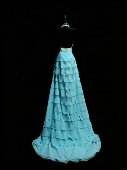 Princess A line Halter Blue Chiffon Tiered Ruffles Long Prom Dresses Evening Outfits Formal Dress N985