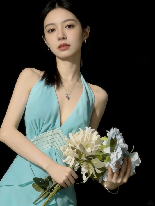 Princess A line Halter Blue Chiffon Tiered Ruffles Long Prom Dresses Evening Outfits Formal Dress N985