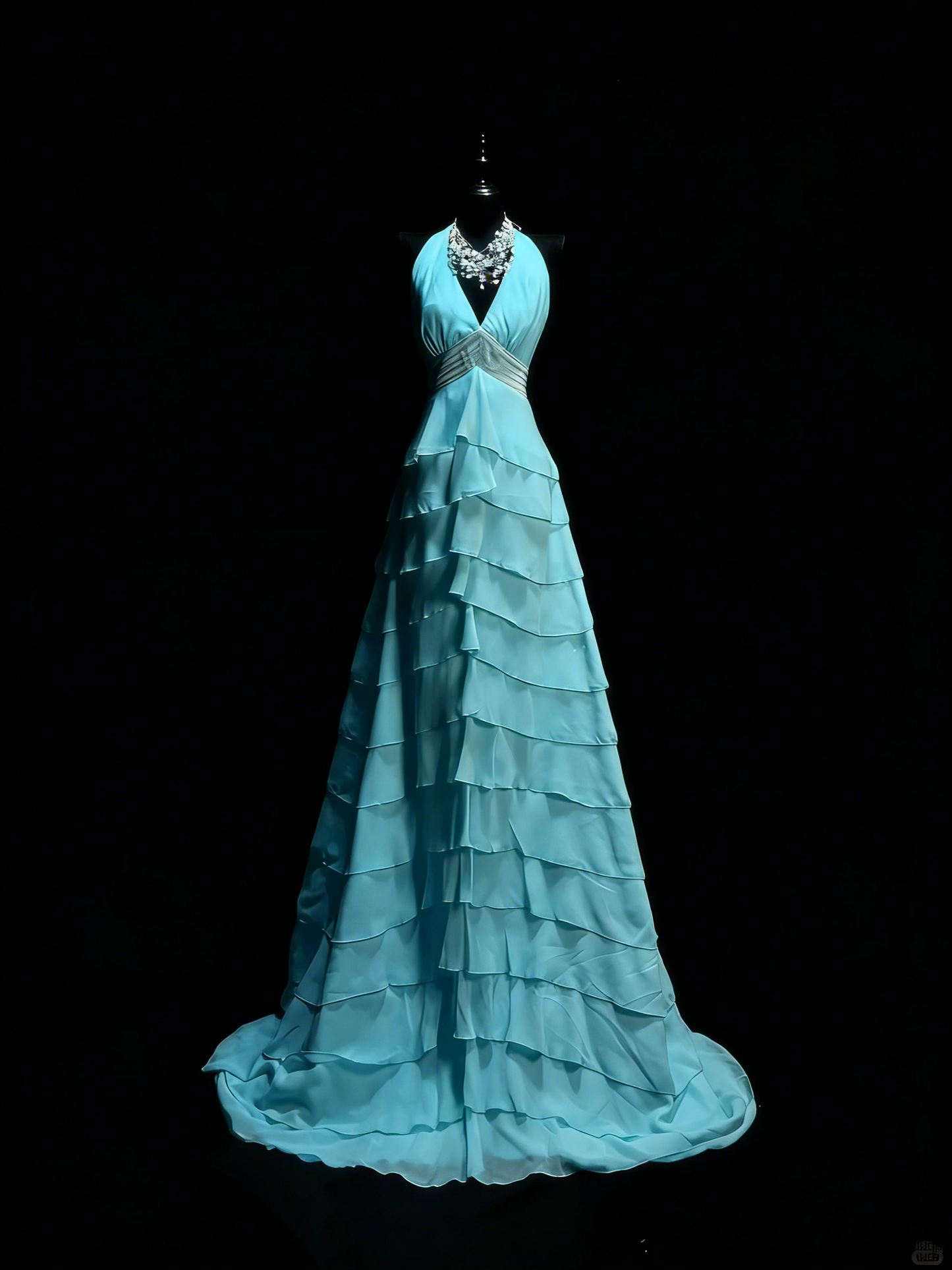 Princess A line Halter Blue Chiffon Tiered Ruffles Long Prom Dresses Evening Outfits Formal Dress N985