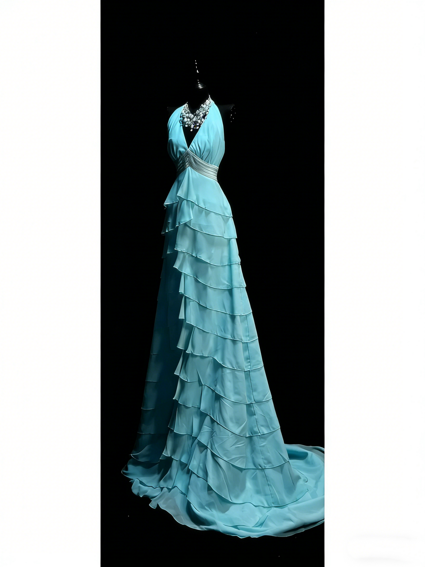 Princess A line Halter Blue Chiffon Tiered Ruffles Long Prom Dresses Evening Outfits Formal Dress N985