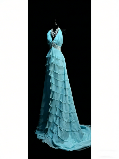 Princess A line Halter Blue Chiffon Tiered Ruffles Long Prom Dresses Evening Outfits Formal Dress N985