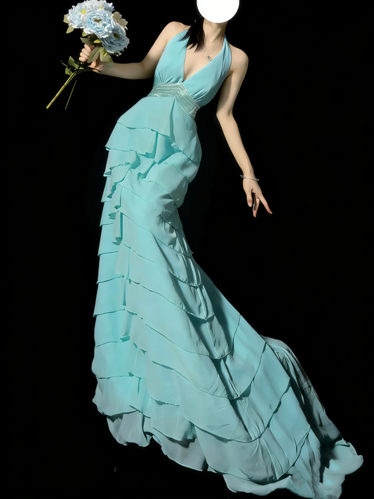 Princess A line Halter Blue Chiffon Tiered Ruffles Long Prom Dresses Evening Outfits Formal Dress N985