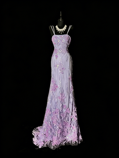 Stunning Mermaid Spaghetti Straps Lilac Tulle Lace Long Prom Dresses Evening Outfits Formal Dress N988