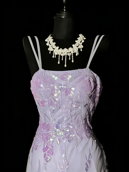 Stunning Mermaid Spaghetti Straps Lilac Tulle Lace Long Prom Dresses Evening Outfits Formal Dress N988