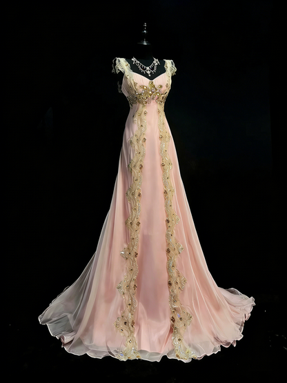 Stunning A line Sweetheart With Straps Pink Chiffon Lace Long Prom Dresses Evening Outfits Formal Dress N992