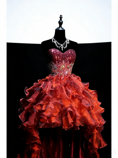 Princess Ball Gown Sweetheart Burgundy Corset Back Tiered Ruffles Long Prom Dresses Evening Outfits Formal Dress N990