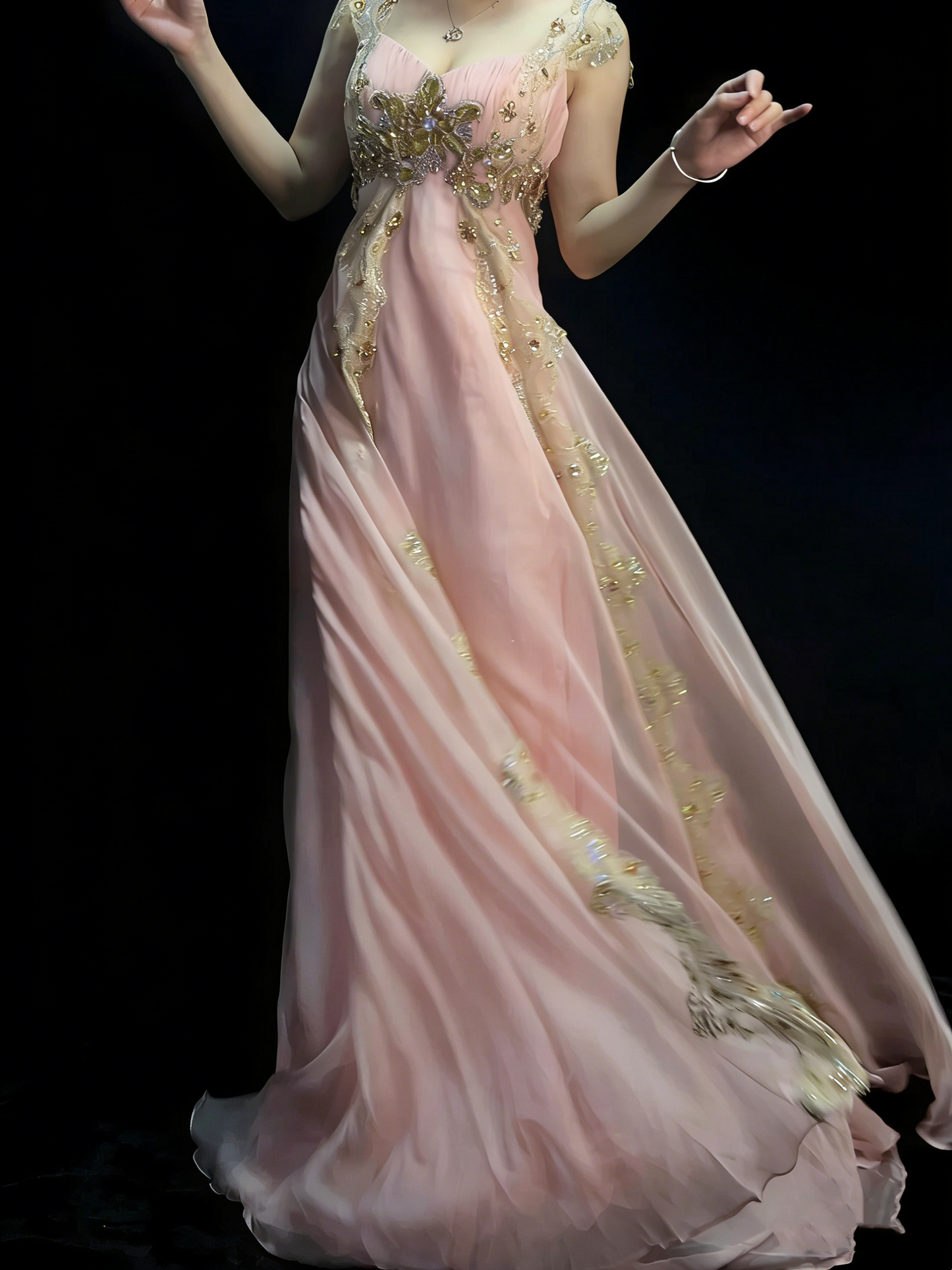 Stunning A line Sweetheart With Straps Pink Chiffon Lace Long Prom Dresses Evening Outfits Formal Dress N992