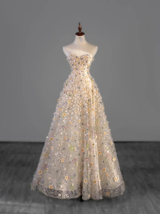 Modest Ball Gown Sweetheart Tulle Champagne With Flowers Bodice College Formal Outfit Long Prom Inspo Graduation Dresses N1215