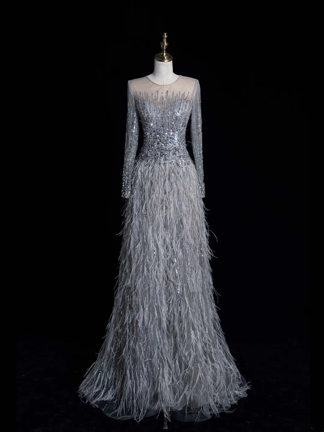 Modest A line Scoop Neck Silver Grey With Featrhers College Formal Outfit Long Prom Graduation Dresses N1210