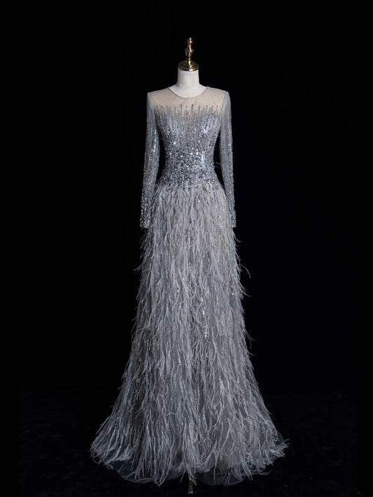 Modest A line Scoop Neck Silver Grey With Featrhers College Formal Outfit Long Prom Graduation Dresses N1210