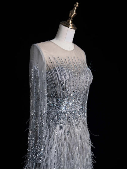 Modest A line Scoop Neck Silver Grey With Featrhers College Formal Outfit Long Prom Graduation Dresses N1210