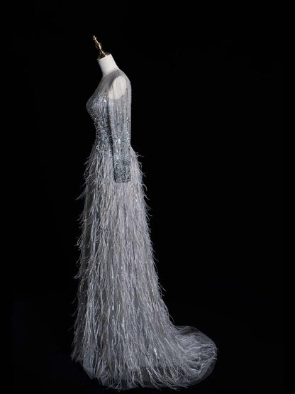Modest A line Scoop Neck Silver Grey With Featrhers College Formal Outfit Long Prom Graduation Dresses N1210