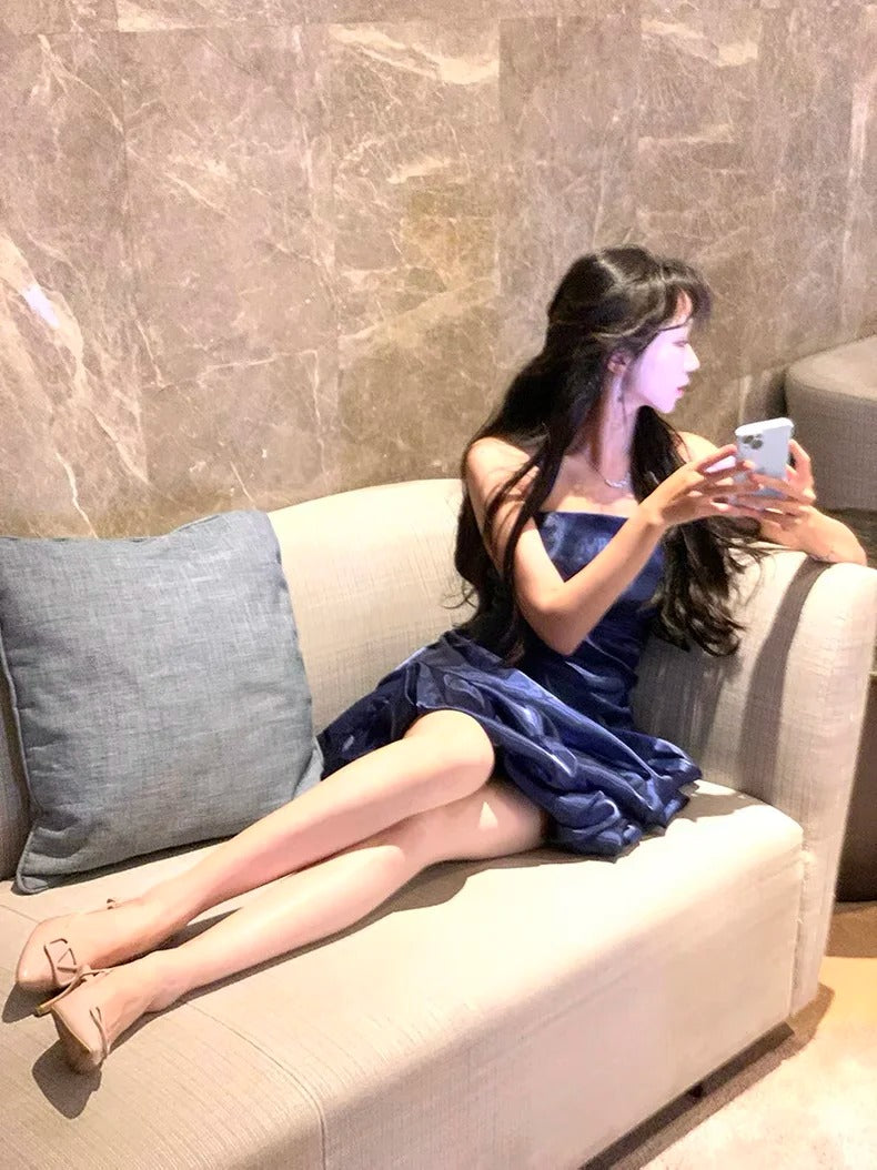 Pretty Ball Gown Halter Navy Blue Graduation Short Mini Homecoming Dresses Hoco Dress N2726