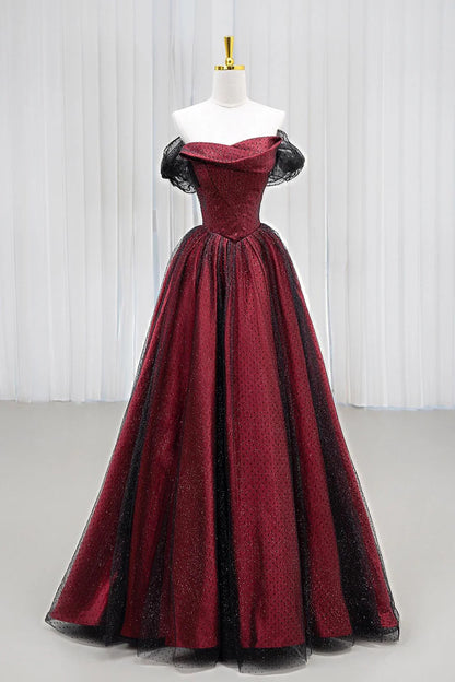 Black and Red Tulle Prom Dresses Long A-line Off Shoulder Wedding Party Gown Birthday Gowns AB916