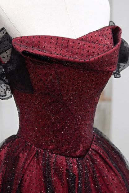 Black and Red Tulle Prom Dresses Long A-line Off Shoulder Wedding Party Gown Birthday Gowns AB916