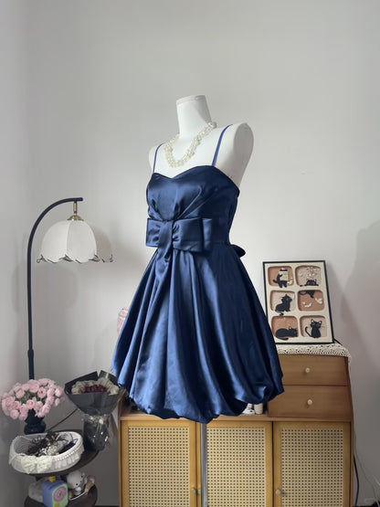 Vintage Ball Gown Spaghetti Strap Navy Blue Satin 16th Birthday Homecoming Dress Graduation Outfit RB6791