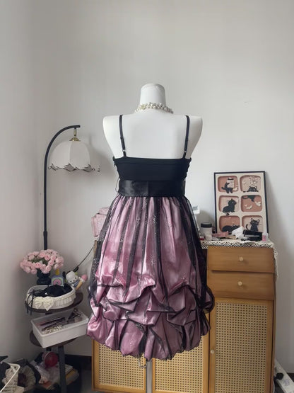 Vintage Ball Gown Spaghetti Strap Pink Satin Black Tulle 16th Birthday Homecoming Dress Graduation Outfit RB6790