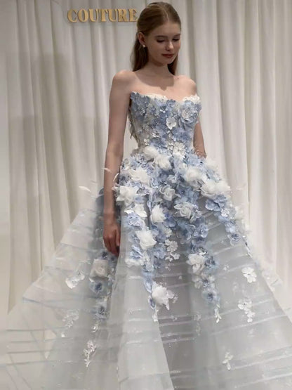 Fairytale White Tulle Strapless A-Line 3D Applique Trailing Wedding Dress RF0656