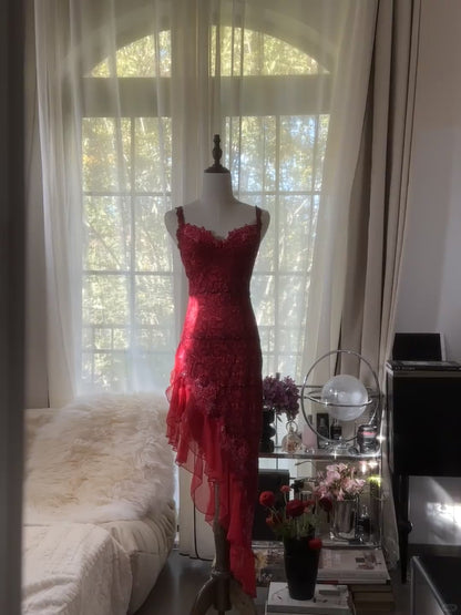 Elegant Red Spaghetti Straps Sheath Lace Chiffon Short Prom Dresses Vintage Evening Gowns RF0909