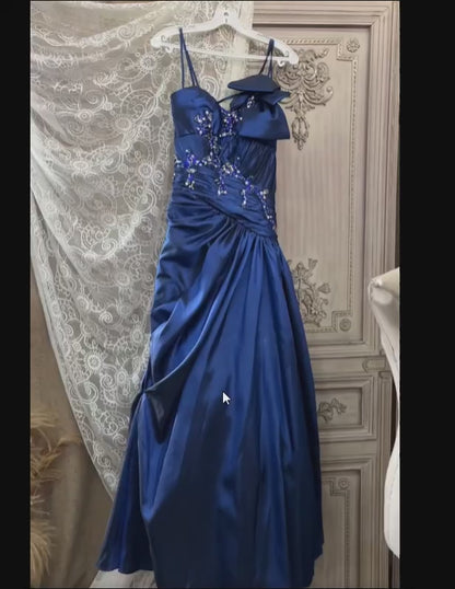 Vintage Prom Dresses 90s Formal A line One Shoulder Navy Blue Satin With Beadings Long Party Gowns Prom Dresses AS021