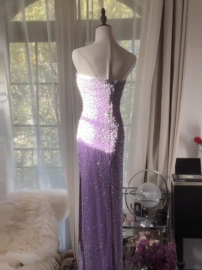 Gorgeous Purple Strapless Sheath Beaded Prom Dresses Formal Evening Dress RF0898