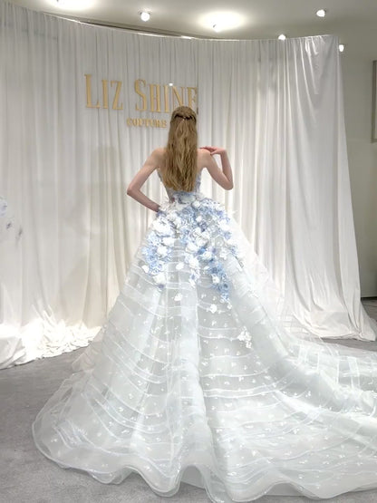 Fairytale White Tulle Strapless A-Line 3D Applique Trailing Wedding Dress RF0656