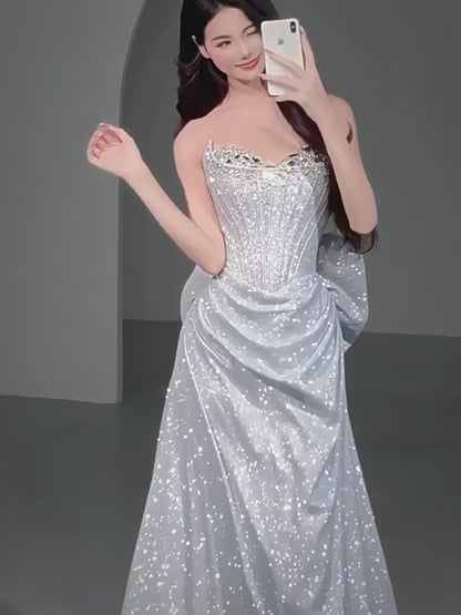 Sparkly Sheath Strapless Blue Sequins Prom Dresses Inspiration Long Party Night Gowns 20th Birthday Outfits AB2239